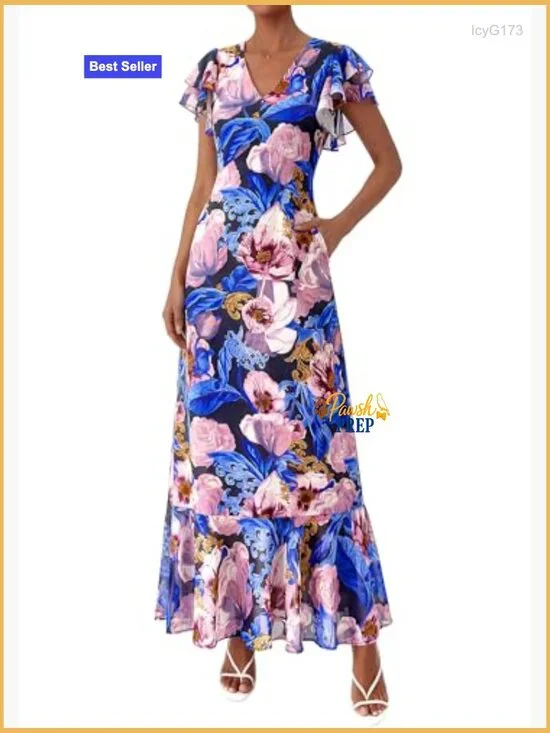 Floral Maxi Dress with V-Neck Ruffle Sleeves Elastic Waist Pockets - Picture 6 of 7